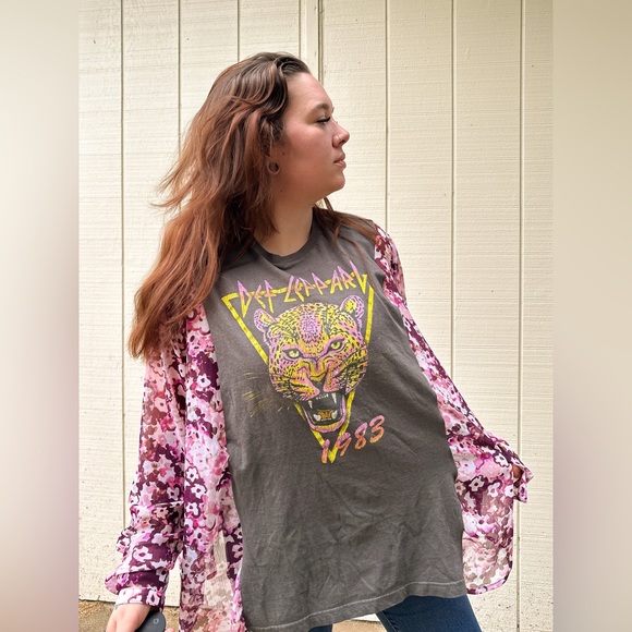 SOLD Upcycle Def Leppard Boho Floral Semi Sheer Top Blouse - One Of A Kind - Picture 2 of 15